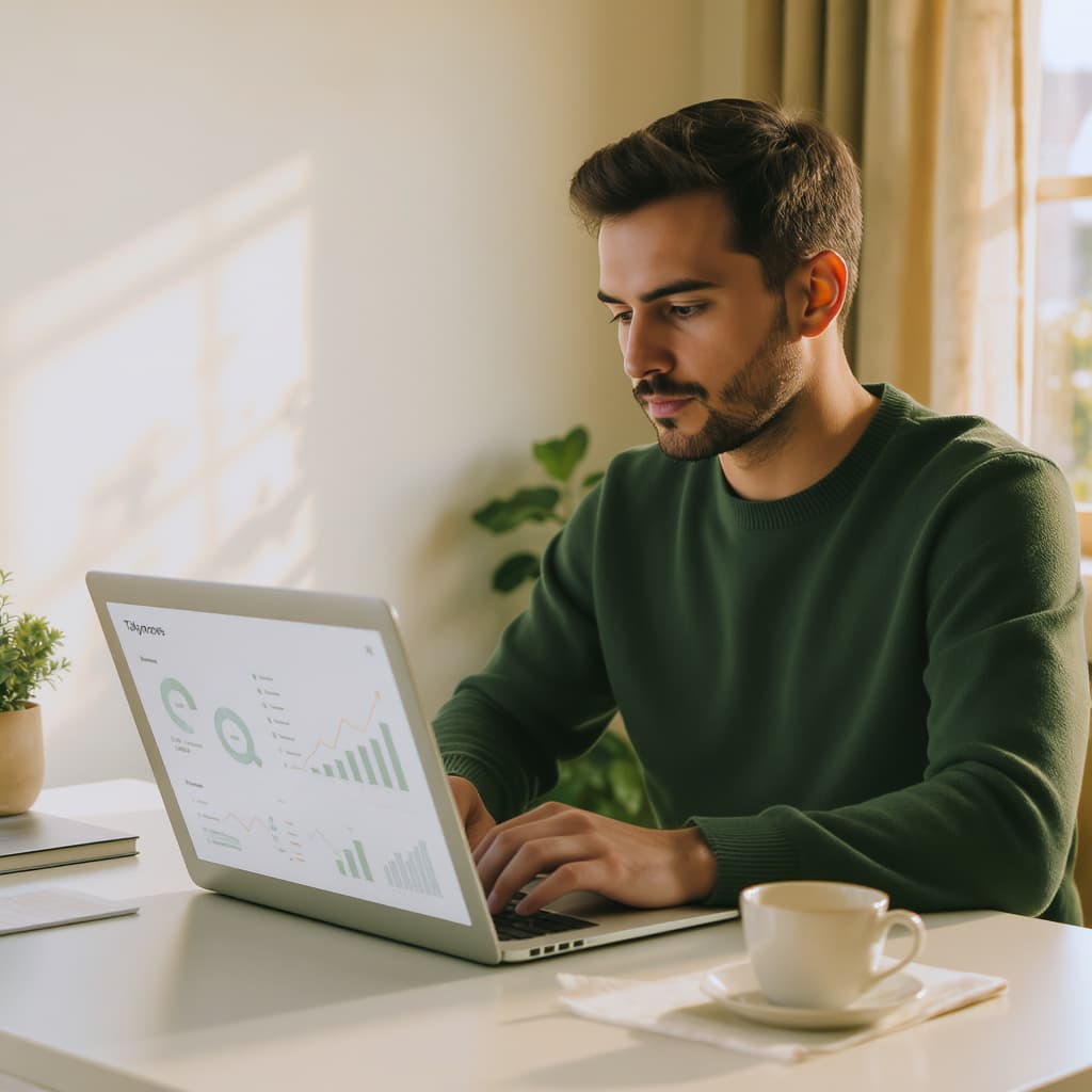 A calm, trustworthy workspace scene framing Tallymoss as the always-on bookkeeper for solo founders.